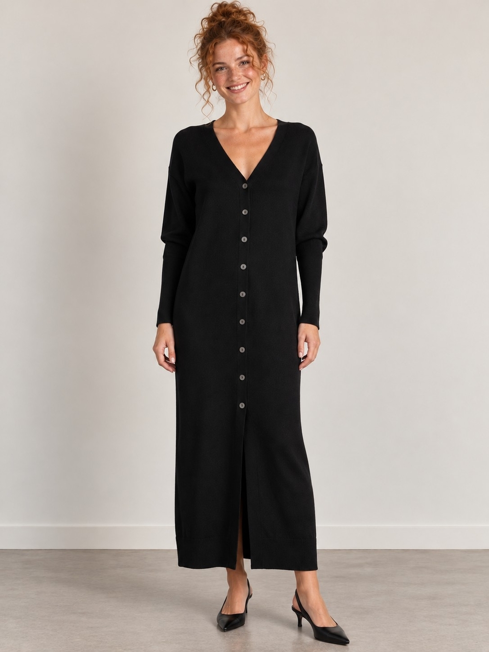 WILFRED ARITZIA UTOPIA BLACK 100% MERINO WOOL BUTTON FRONT MAXI SWEATER DRESS M